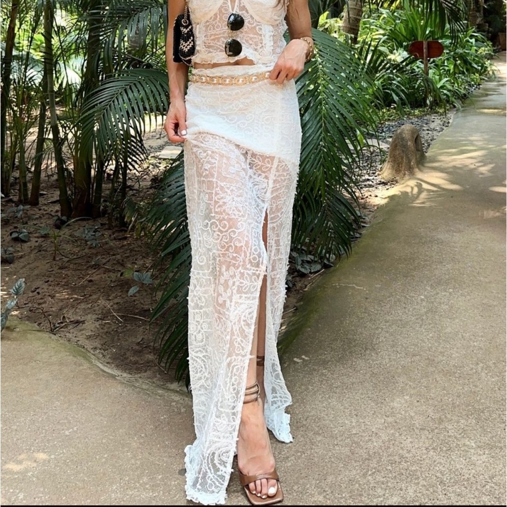 12th Tribe Vienna White Lace Maxi Skirt